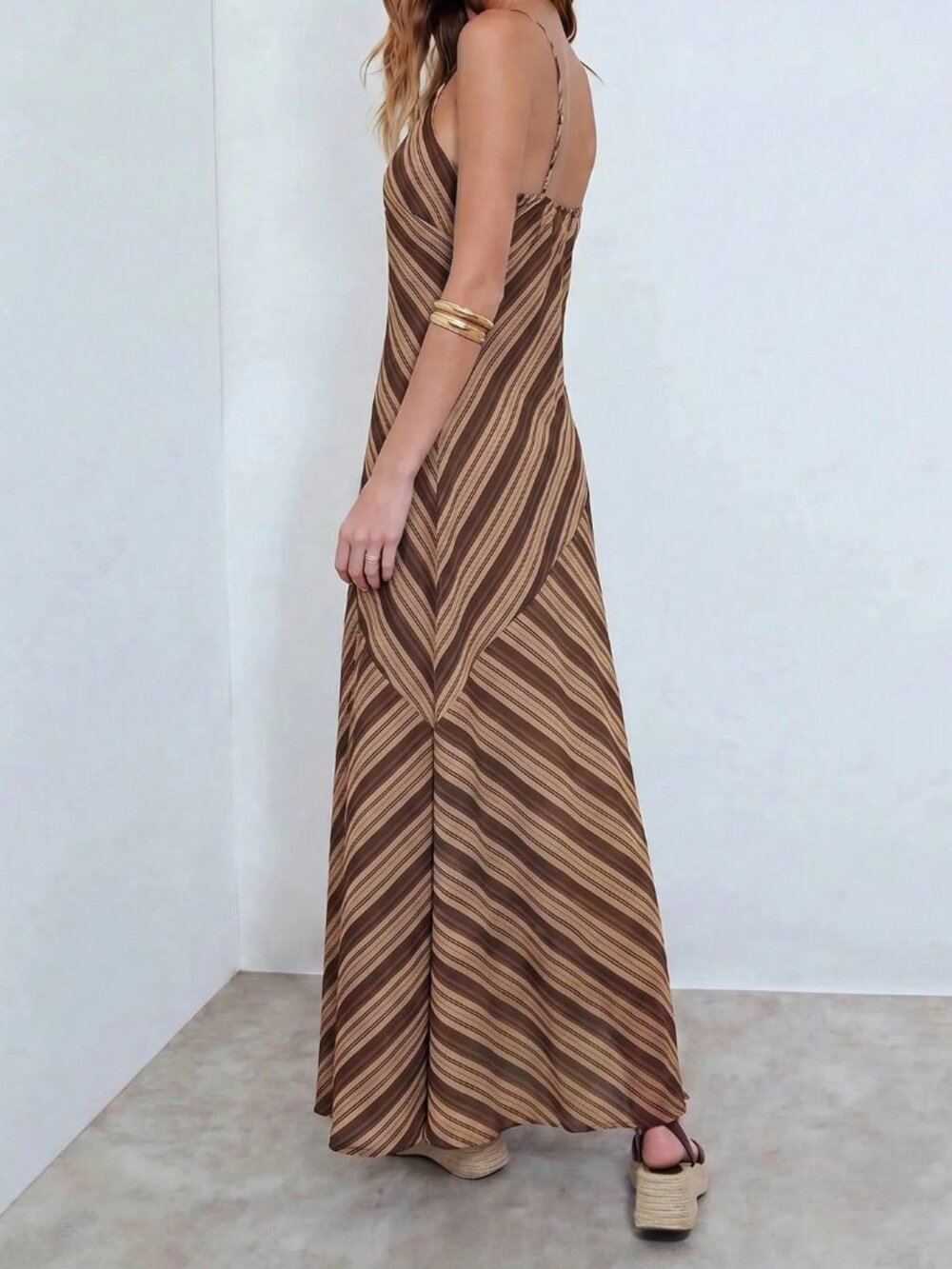 Khaki Casual Women's Striped Backless Knot Midi Halter Neck Dress - Picture 2 of 6
